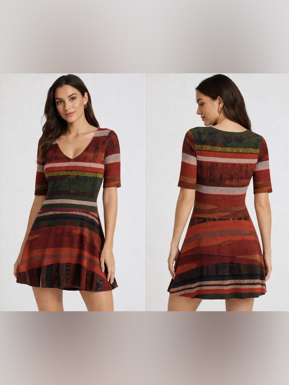 Desigual Mini‎ Dress Ribbed Knit Fit Flare Earth Tones Short Sleeve Boho Size M